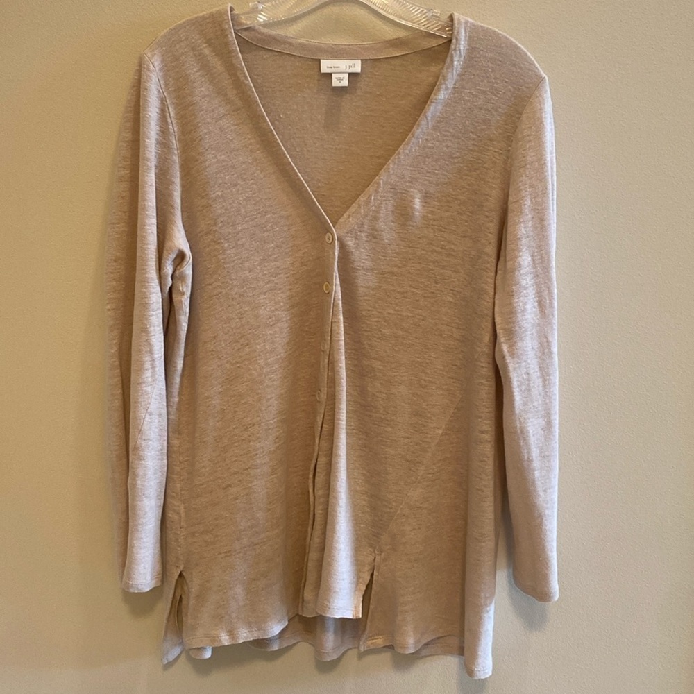 J Jill Linen Minimalist Neutral V Neck Oatmeal Long Sleeve Cardigan SMALL